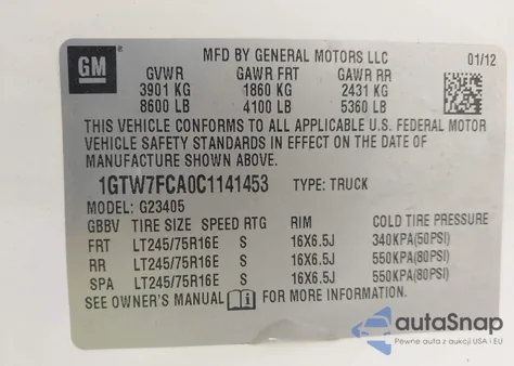 2012 GMC Savana 2500 Work Van z USA, uszkodzony, nr VIN 1GTW7FCA0C1141453